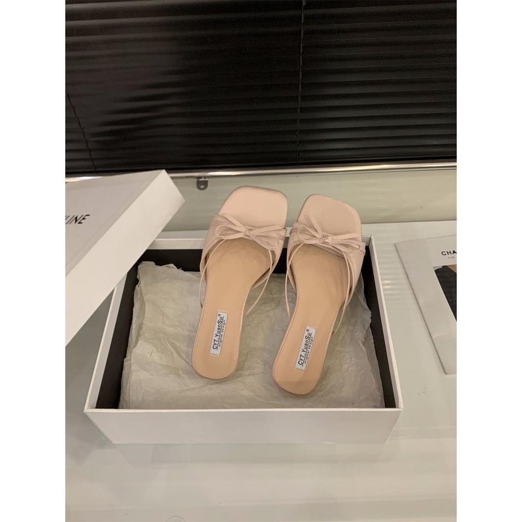 Thick heel bow French small cool slippers fairy shoes outer wear 2025 new summer skirt silver sandals
