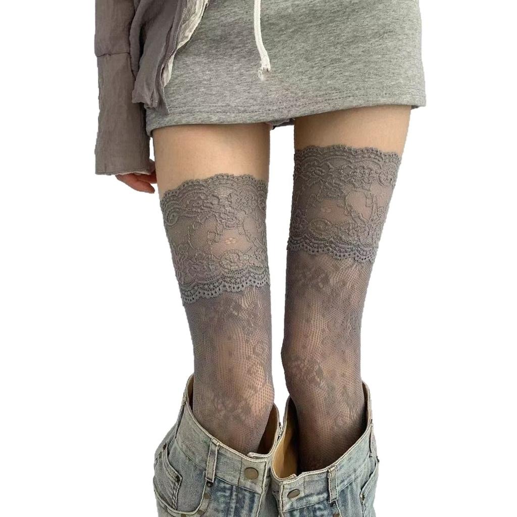 Chaussettes Longues Bordées de Dentelle Féminines Sexy Dentelle Transparente Chaussettes au-dessus du genou pour Femmes