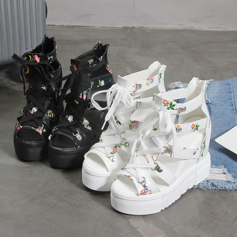 Womens High-Top Floral Print Chunky Platform Wedge Sandals With Ankle Tie Zipper Back