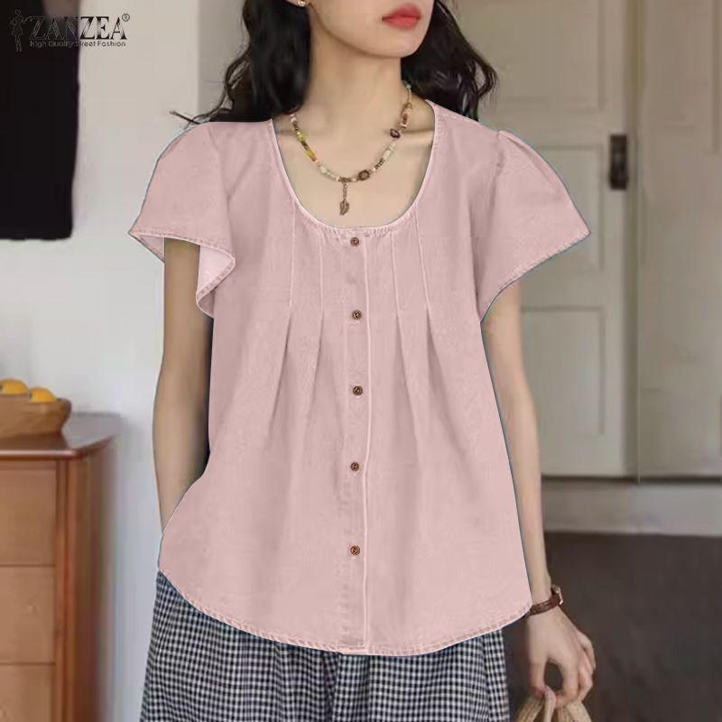 ZANZEA Camicetta estiva casual da donna con scollo rotondo e maniche corte