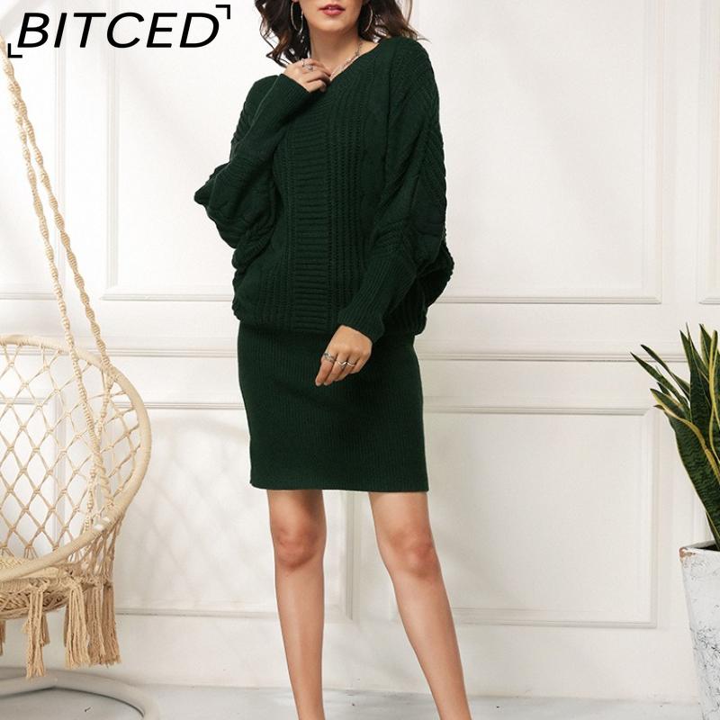 BITCED Autumn/Winter Plus Size Women's Loose Batwing Sleeve Knitted Long Pullover Dress