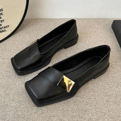 Primavera y Otoño Nuevos Zapatos Individuales de Suela Plana y Punta Cuadrada con Hebilla Metálica Moda Tacón Plano Suela Blanda Boca Baja Zapatos Pequeños de Cuero Zapatos de Mujer