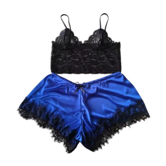 Women Pajama Set Lace Pajama Top Satin Shorts with Black Silk Bow And Lace Trim Sexy Lace Camisole Set for Women Home Sleepwear Gift