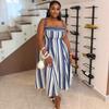 Women Striped Spaghetti Strap Midi Dress Square Neck High Waist Flowy Swing Summer Casual Long Dress