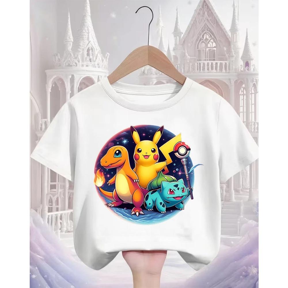 Crew Neck Cute Pikachu T Shirt 3-14Y Boys Girls Summer Kawaii Fashion Street Hot Cartoon Casual Children