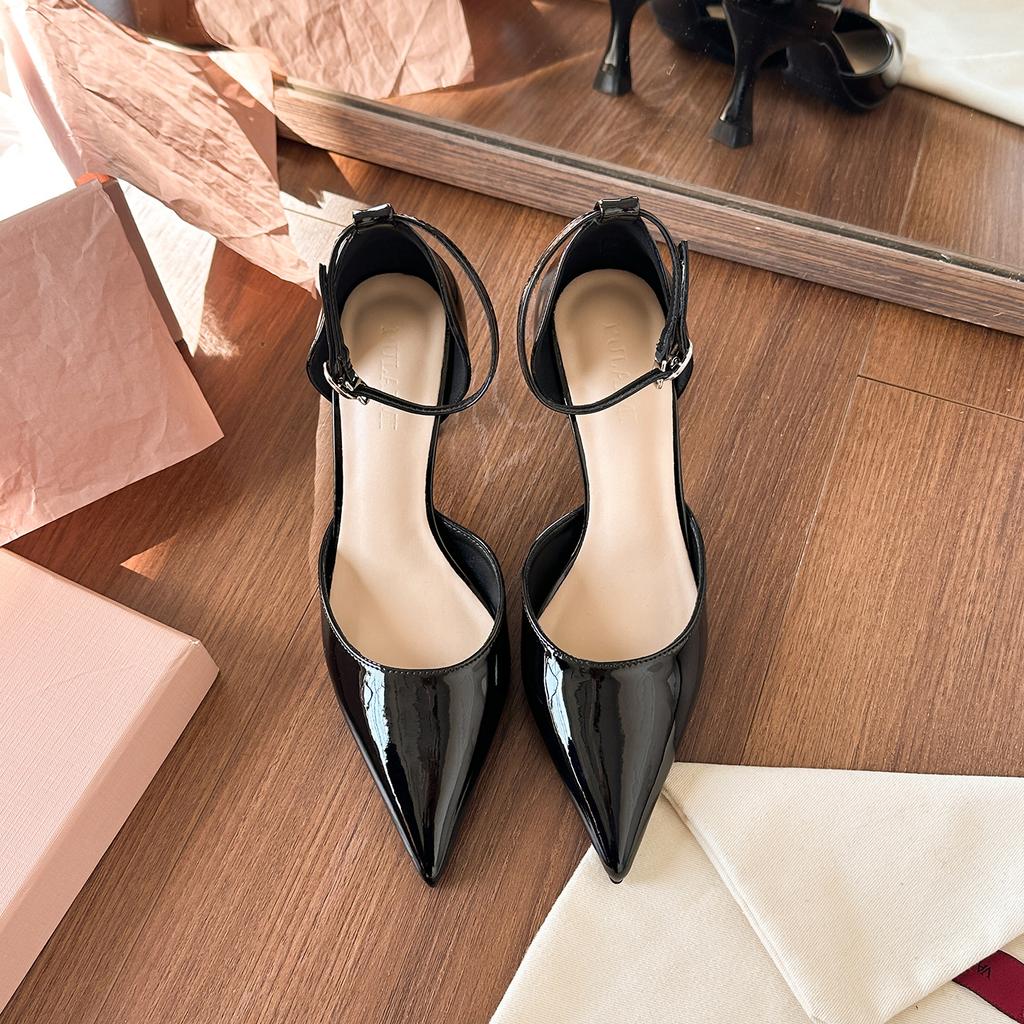 Baotou Sandals Women's New Patent Leather Widened and Fattened Large Size Pointed Hollow Word with Stiletto High Heels