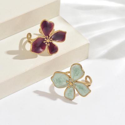 Color Epoxy Flower Petal Open Ring: Stainless Steel, Sweet & Versatile Design