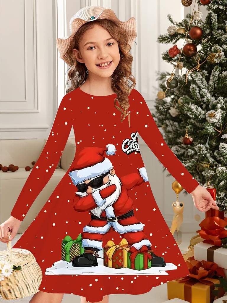 Mädchen Herbst- und Wintermodekleid, 3D Weihnachtsprint Rundhalsausschnitt Lang Kinder-T-Shirt-Kleid, Lässig Vielseitig, Weihnachtskleidung