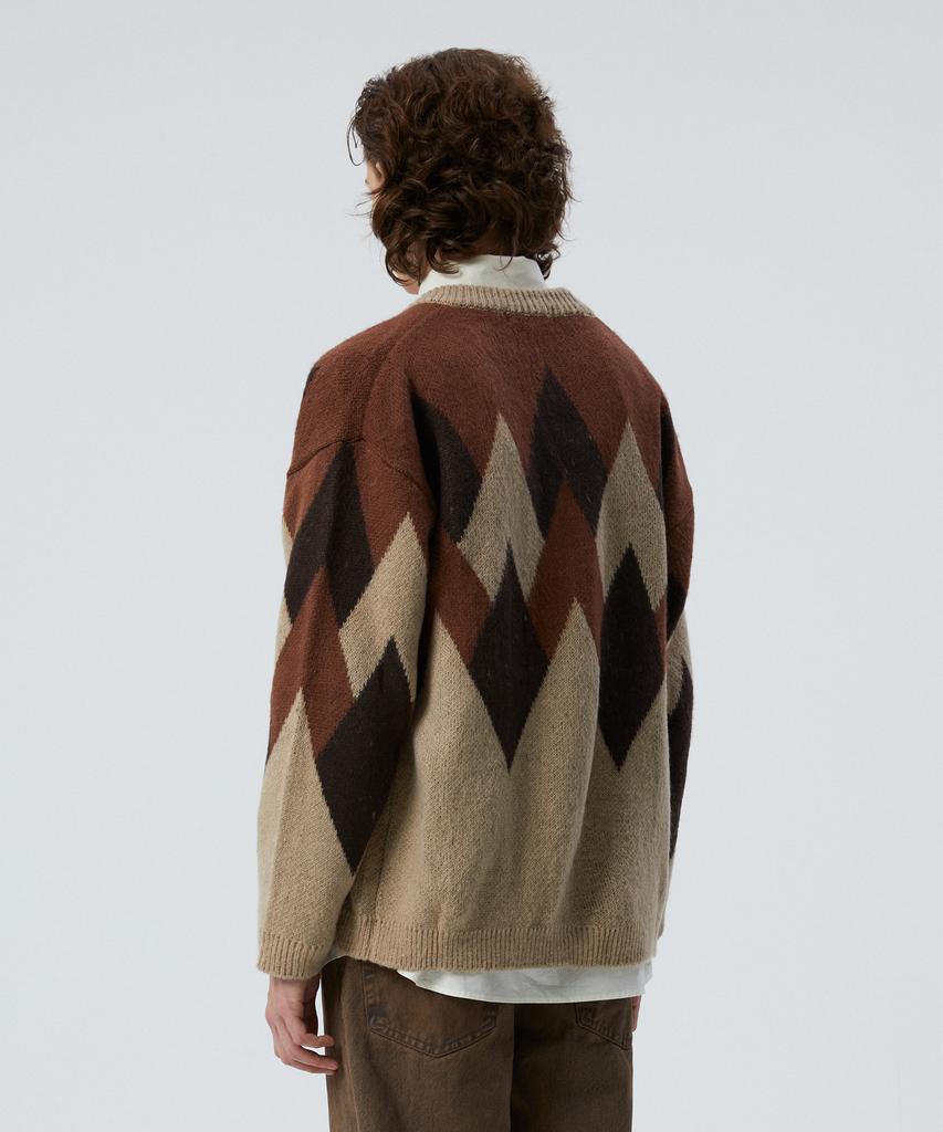 Knitted Bulky Brushed Argyle Cardigan Brown