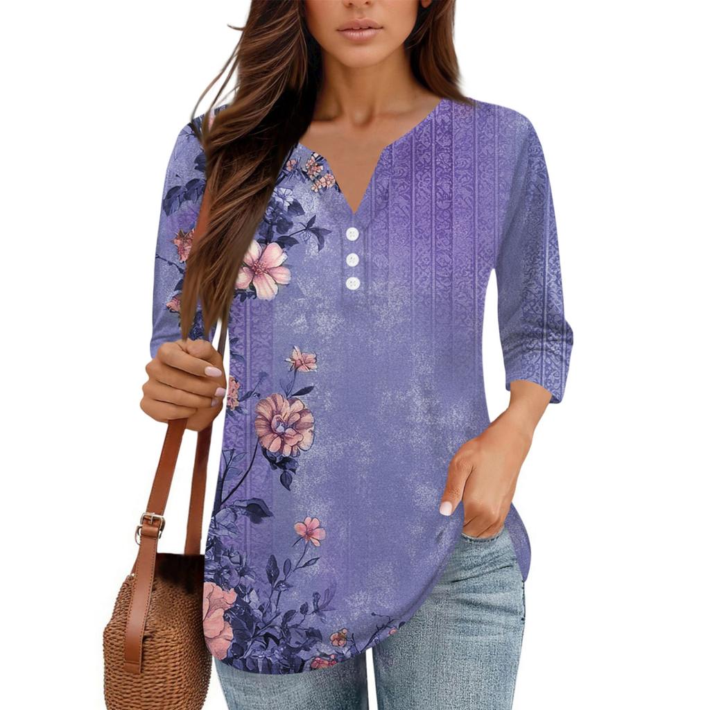 Damen V-Ausschnitt Freizeit Dreiviertelarm Knopf-Detail Top mit Blumenmuster