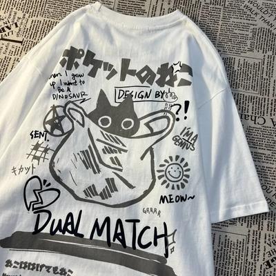 Magliette Kawaii da Donna con Cartoni Animati, Estate Harajuku, Magliette a Maniche Corte con Stampa di Gatti, Coppia Femminile, Abbigliamento da Strada, Vestiti Larghi