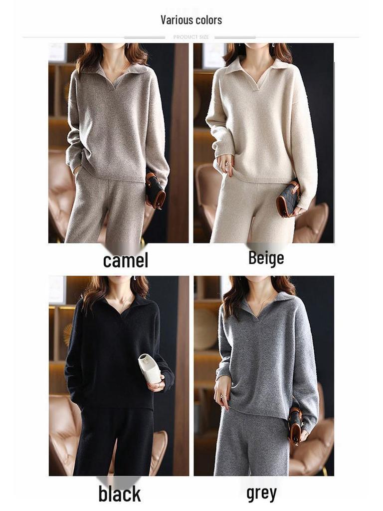 Set din două piese de toamnă/iarnă pentru femei, stil european: Pantaloni cu picior larg și tricotaje pulover