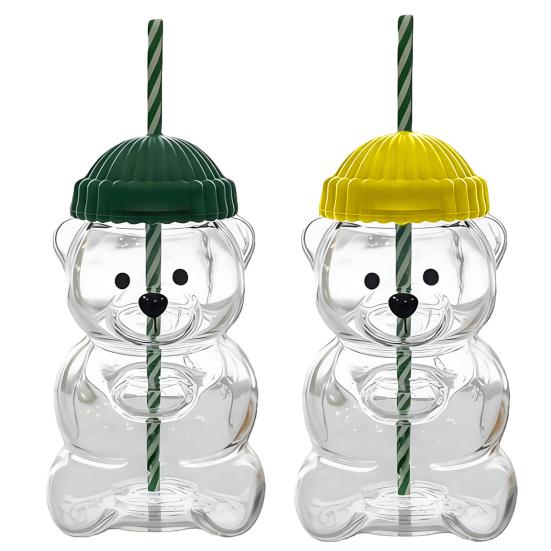 2 ks Kelímek ve tvaru medvídka s víčkem a brčkem Roztomilý nepropustný hrnek pro děti dospělé Plastový kelímek na studené nápoje na smoothie a ledovou kávu