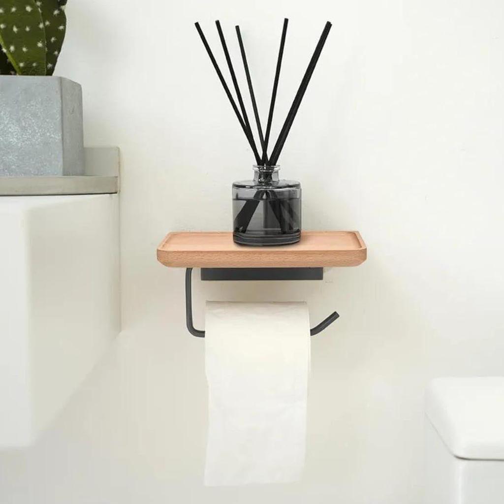 Heavy Duty and Premium Toilet Paper Holder with Shelf Black,Wooden Wall Mount Tissue Paper Roll Holder with Screw - Bathroom Accessories