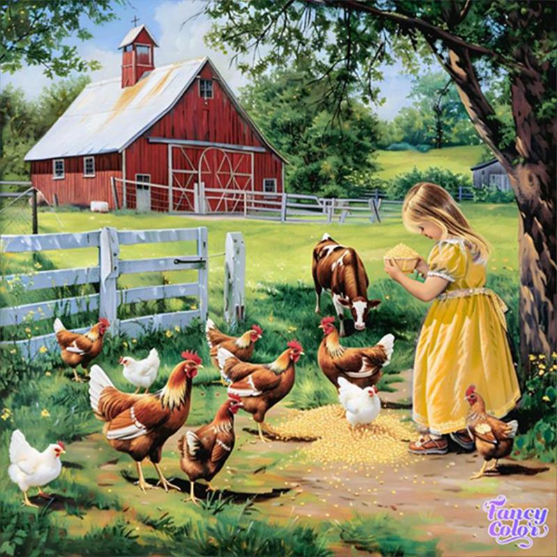 Farm Scene Diamond Painting with Red Barn, Chickens & Milk Cow - 5D Full Round Rhinestone Suitable for Home Decoration, Adult Craft Gift, Relaxation H