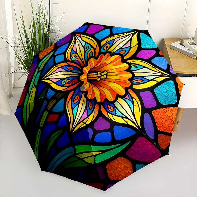 1pc Stained Glass Flower Automatic Folding Umbrella - 8-Rib Compact Travel Umbrella Durable & Portable for Outdoor Use, Perfect Gift055