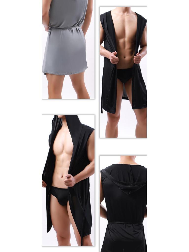 Men's Hooded Sleeveless Thin Silk Bathrobe, European Style, Six Colors Available, Does Not Include Underwear