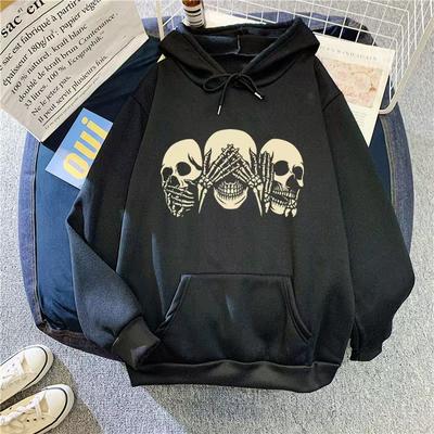 Women Fashion Skull Printed Hoodies Autumn Winter Long Sleeves Plus Velvet Casual Loose Sweatshirt Hip Hop Fleece Tops Oversized
