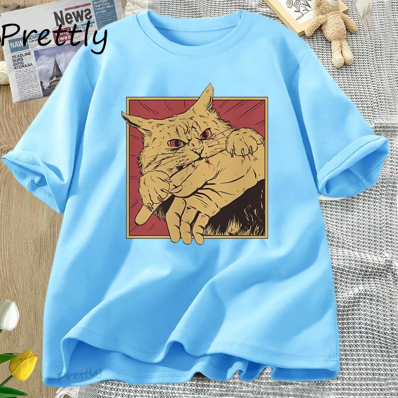 

Винтажная футболка Cat Bite Японский хоррор Ретро графическая футболка Хоррор кошки Сумасшедшие футболки Мужская женская мода Футболки с коротким рукавом 4XL
