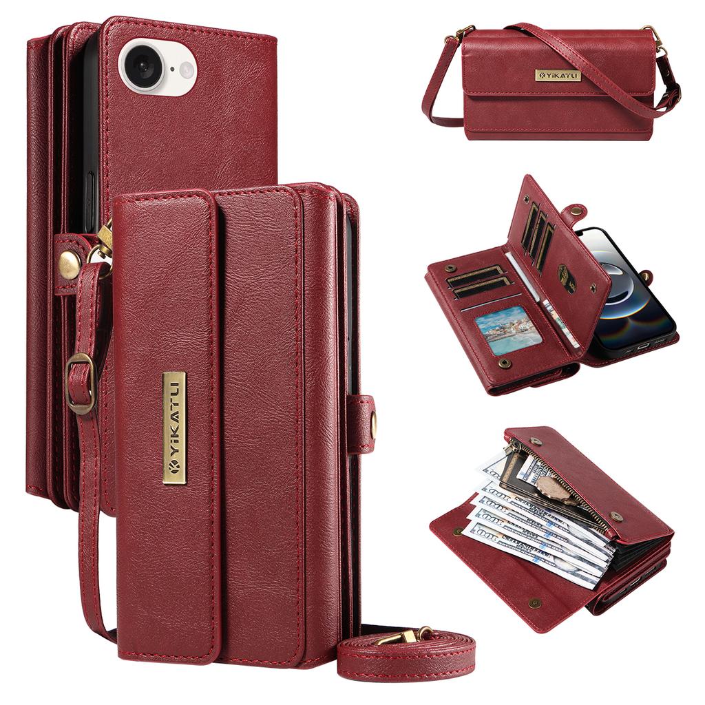 For iPhone 16e Case YIKATU YK-008 Zipper Wallet Leather Phone Cover with Shoulder Strap