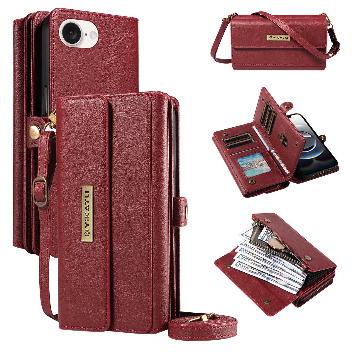 

For iPhone 16e Case YIKATU YK-008 Zipper Wallet Leather Phone Cover with Shoulder Strap Red