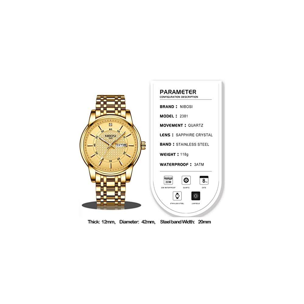 Nibosi Classic Men's Watch Gold Stainless Steel Analog Waterproof Casual with Date Display Metal Band