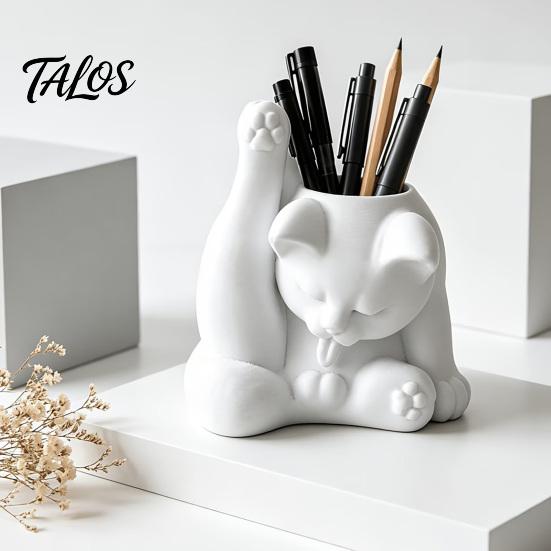 Talos Cat Pen Holder, Cute Resin Desk Organizer, Funny Figurine, Decorative Storage Statue for Office Supplies, Creative Desktop Home Decor