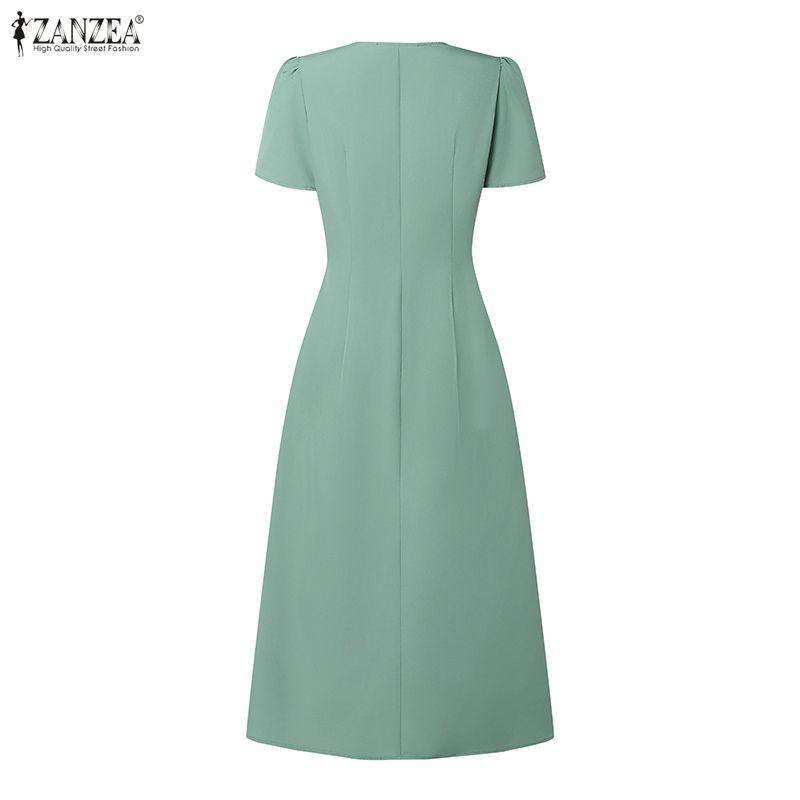 ZANZEA Women Elegant V-Neck Casual Short Sleeve Midi Dress