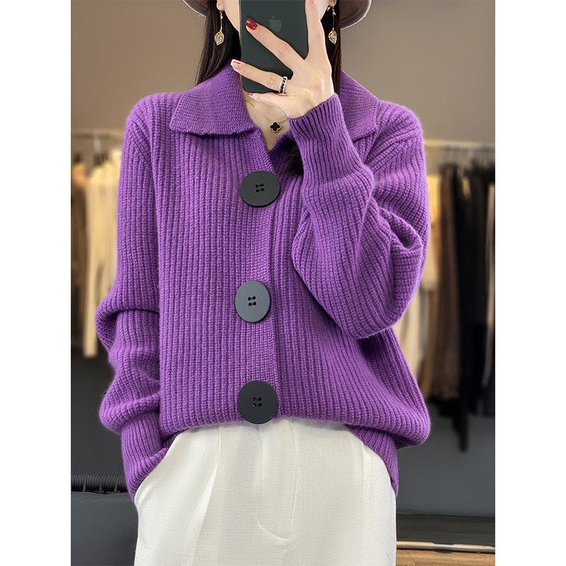 European-Style Women's Wool Cardigan Coat: Autumn/Winter Fashion, Long Sleeve, Korean-Inspired, Trendy Lapel, Thick Knit Sweater.