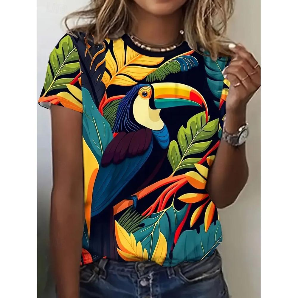 Round Neck 3D Animal Printed Top Fashionable Casual Short Sleeved Women's T-shirts - Soft Medium Stretch Polyester Fabric Summer Relaxed Fit Clothing