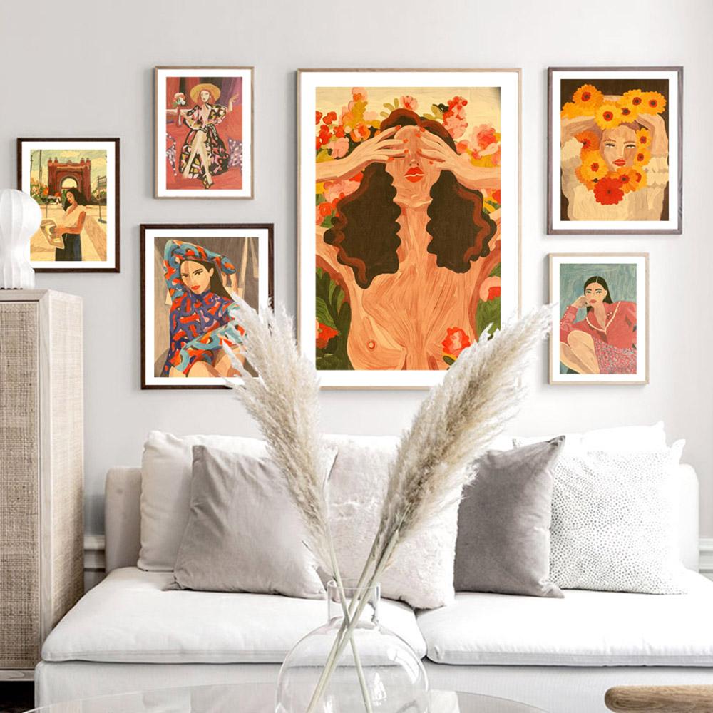 Vintage Fashion Girl Portrait Posters and Prints Paris Flower Wall Art Canvas Painting Wall Pictures for Living Room Decor Art