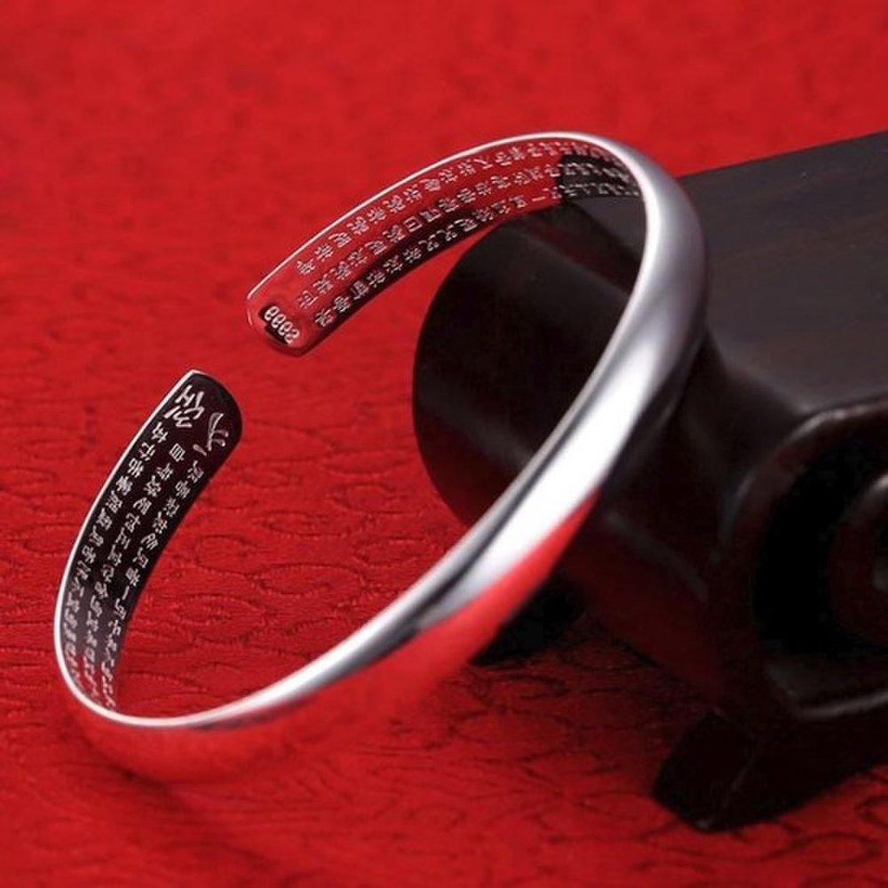 Silver-plated Engraved Heart Sutra Relief Adjustable Buddhist Bracelet S999 Silver Needle Line Crystal Double-sided Front and Back