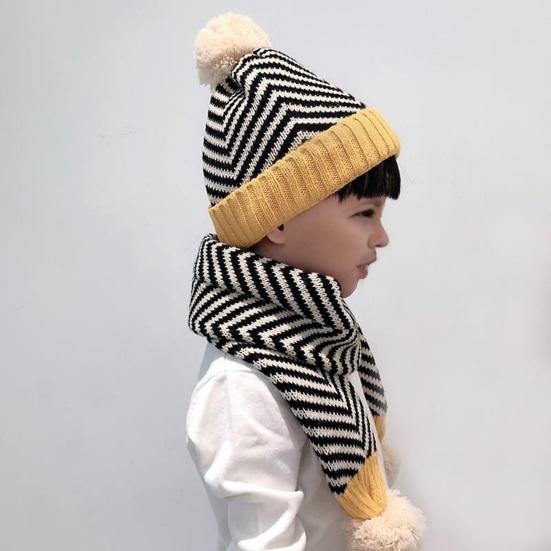 2Pcs/Set Kids Autumn Winter Hat Scarf Set Plush Ball Decor Striped Print Brimless Hat Knitting Scarf Set
