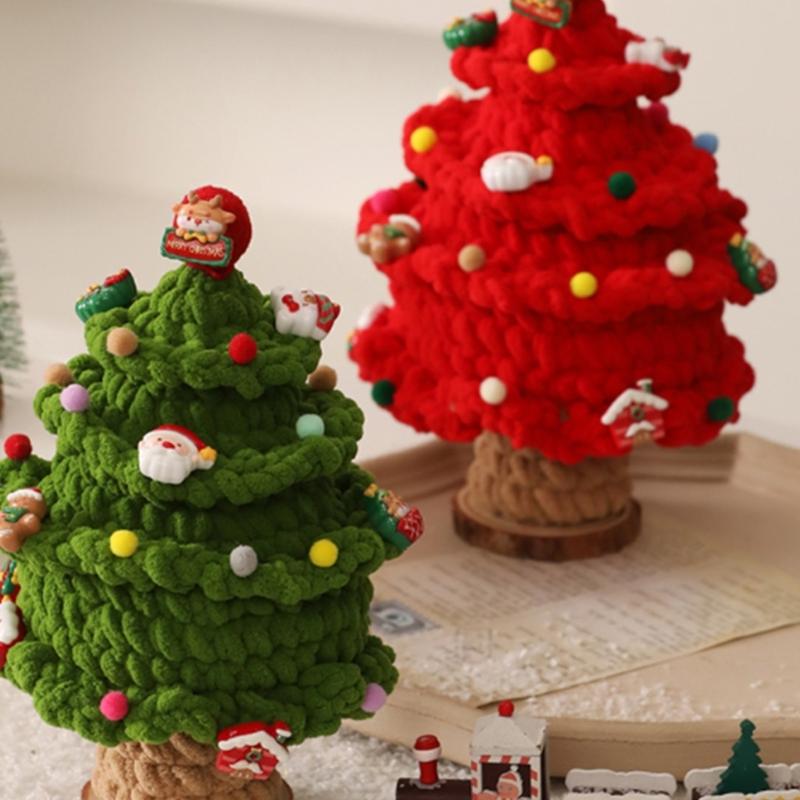 Crafted Holiday Knitted Christmas Tree Wooden Base Ornament Featuring Holiday Accents For Desktop Decoration
