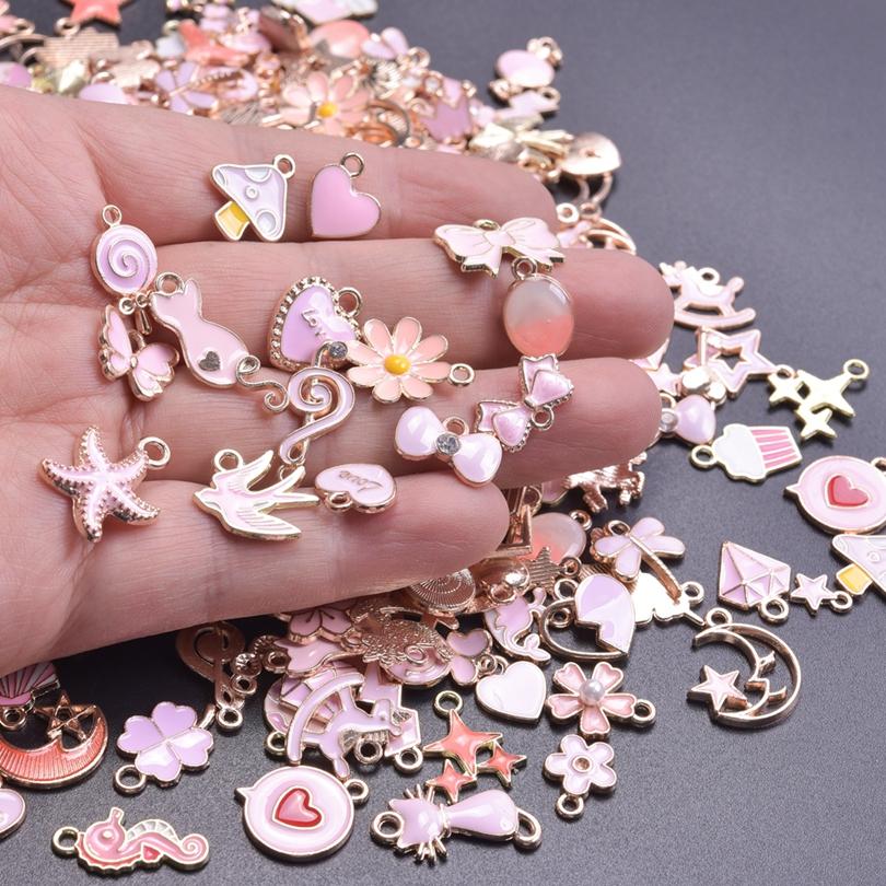 Random Mix Pink Girl Enamel Charms For Jewelry Making Supplies Cute Animal Moon Flower Heart Pendant Charm Diy Bracelet Earrings
