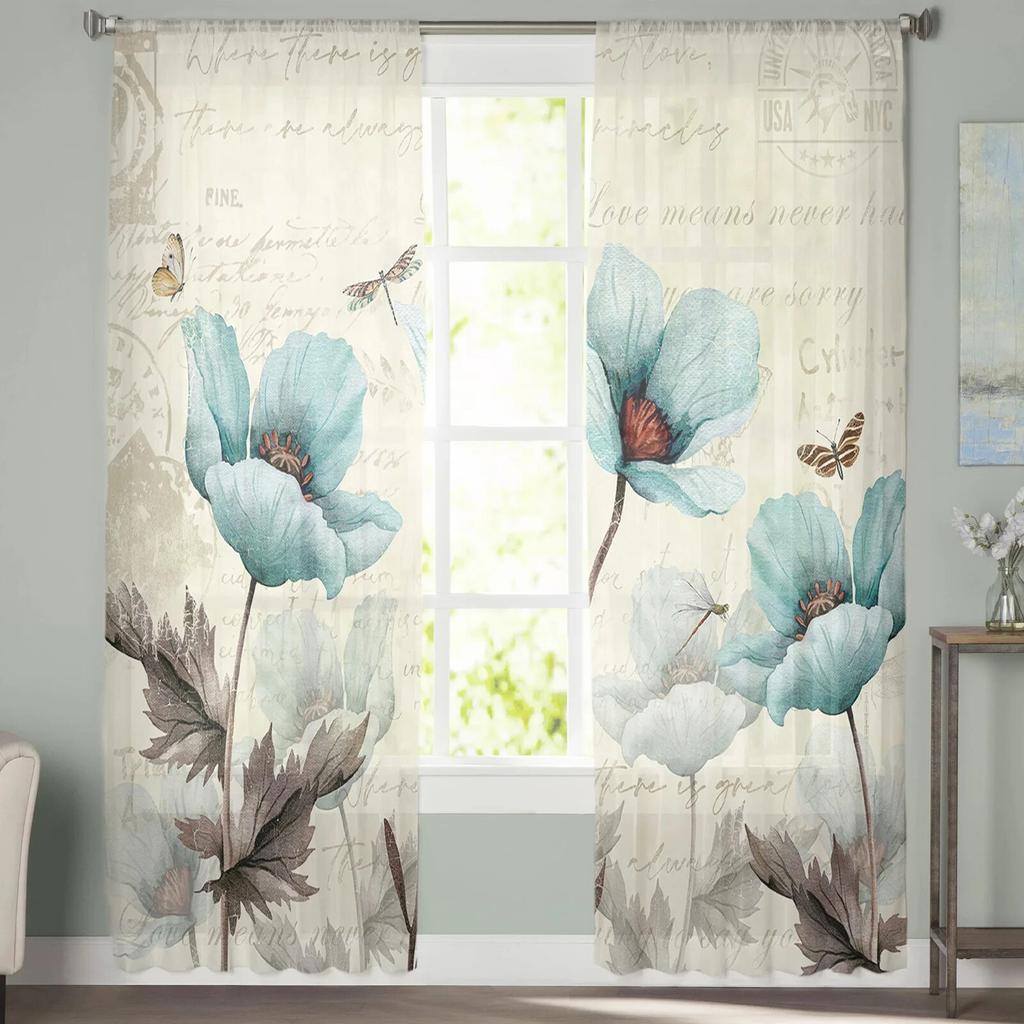 Rustic Vintage Floral Dragonfly Butterfly Sheer Voile Window Curtains Tulle Curtains Living Room Balcony Decoration Drapes