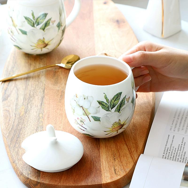 Hrnek z kostního porcelánu s víčkem a lžičkou, hrnek s velkým bříškem, 3 styly, keramický hrnek, roztomilé květinové hrnky, šálek na kávu 450 ml