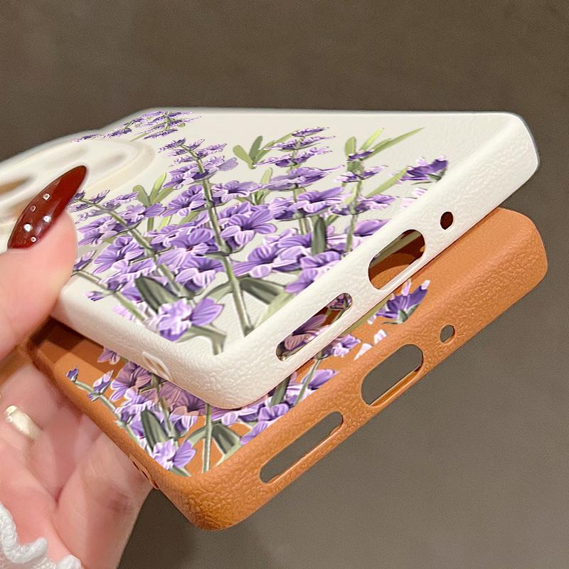 Purple Floral Pattern Leather Texture TPU Matte Case For Xiaomi 13T Pro Poco X7 X6 M6 Redmi 13C Note 14 Pro 13 12 11 Slim Shockproof Soft Phone Cover
