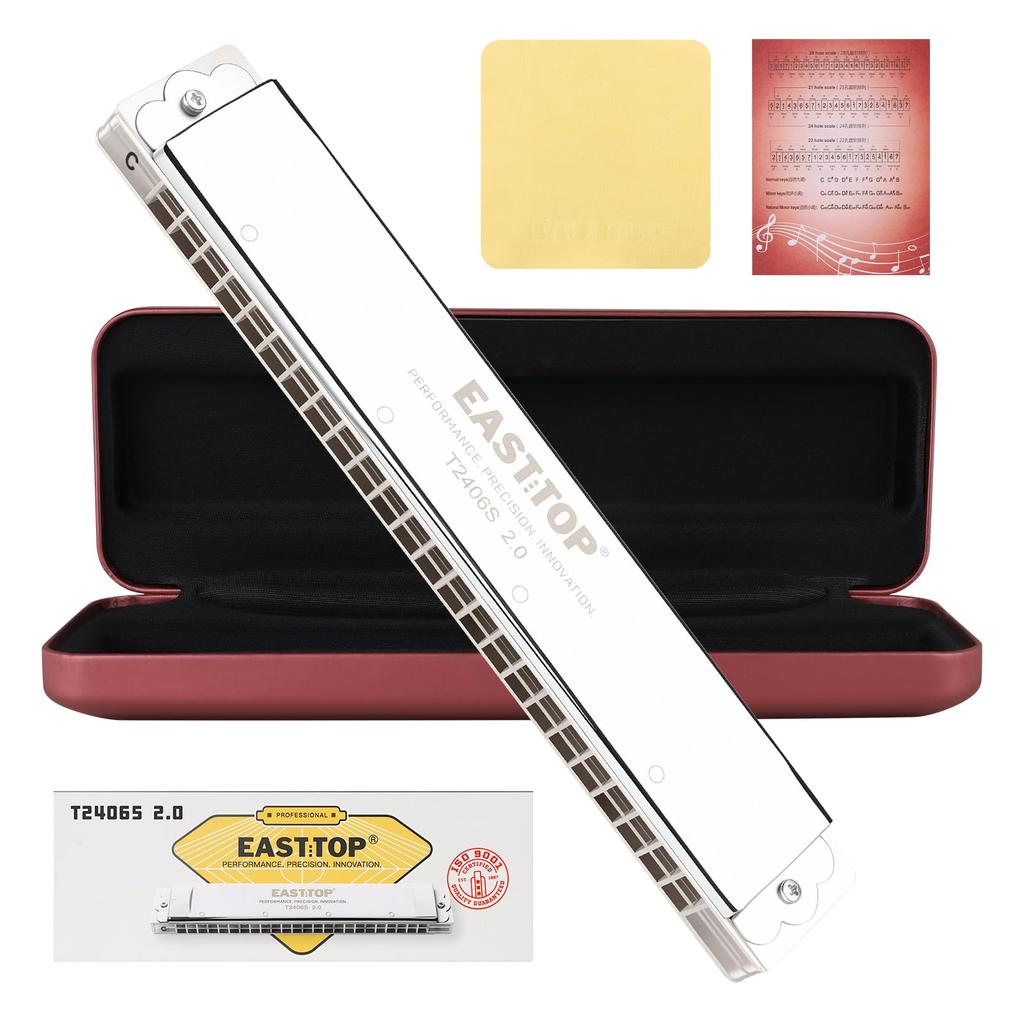 East Top Tremolo C 24 Brass Leather Cleaning for and Practice Harmonica, Key, Holes, Cover, Case, Cloth, Beginners, Professionals, Study,