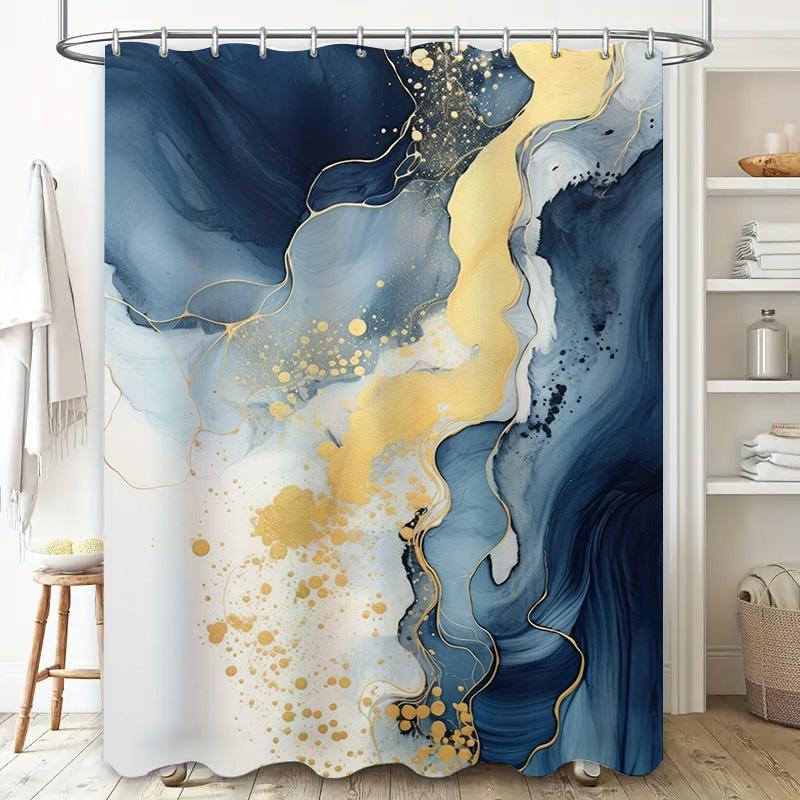 Luxury Blue White Shower Curtain with Metallic Gold Foil Black Swirl Design for Bathroom Decor Artistic Bath Mat Set by TaurusDu