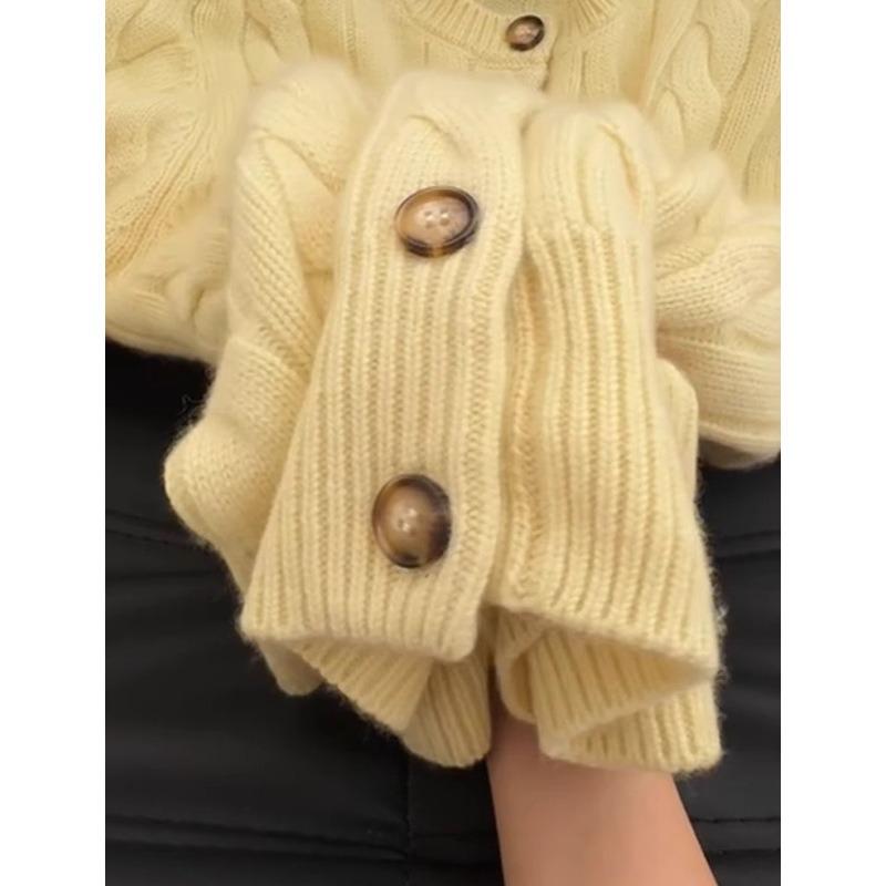 New twist crew neck sweater jacket women's autumn and winter soft waxy lazy gentle wind yellow knitted cardigan