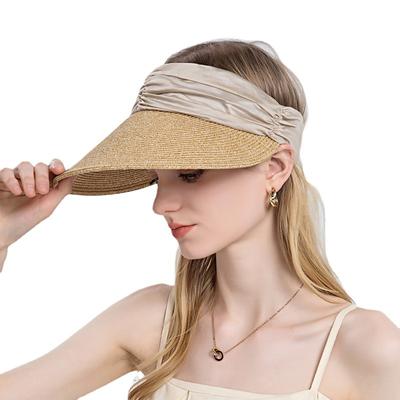 Chapeau d'été d'extérieur pour la plage, chapeau de protection solaire pour femmes, chapeau de paille tissé à large bord, haut vide, chapeau Panama à queue de cheval, chapeau visière