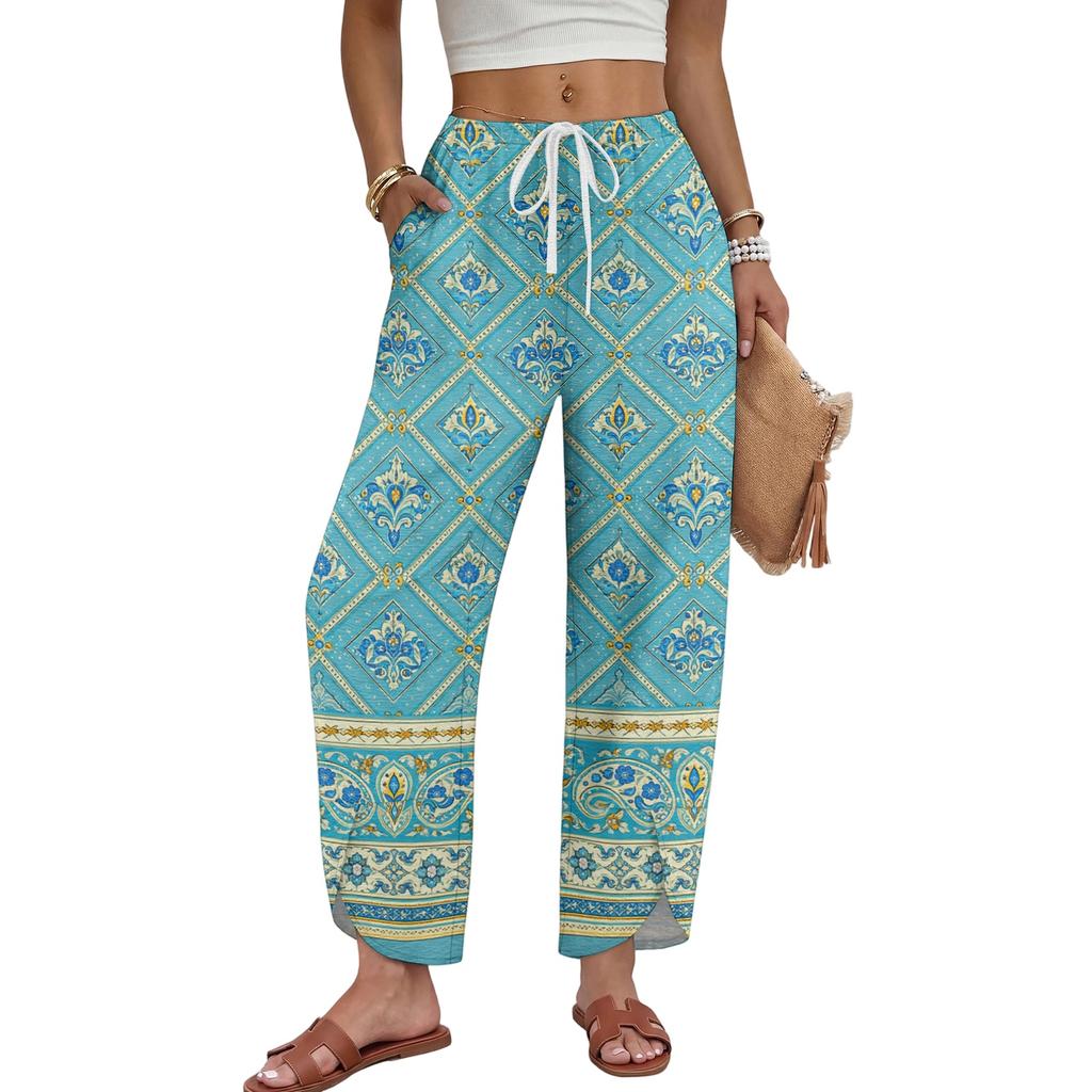 Pantaloni da Donna Casual a Gamba Larga con Coulisse, Stampa Floreale, Comodi e Leggeri, da Casa con Elastico in Vita