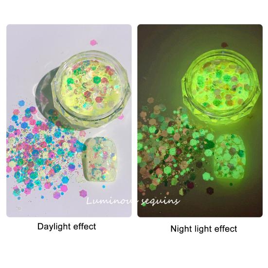 Yousheng 1 Box Luminous Nail Sequins Women Fluorescent Nail Glitter Flake Nails Art Decoration Manicure Accessories for Home Use