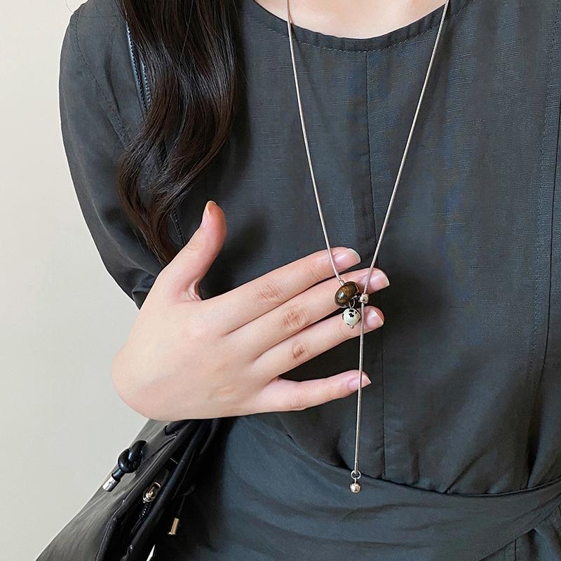 [HS][LA]1Pc Fashion Tiger Eye Stone Pendant Pull-Out Necklace For Women Long Sweater Chain Retro Jewelry Accessories