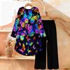 Geometric Pattern Print Two Piece Outfit Women Long Sleeve Irregular Hem Tunic Top Wide Leg Pants Casual Matching Set