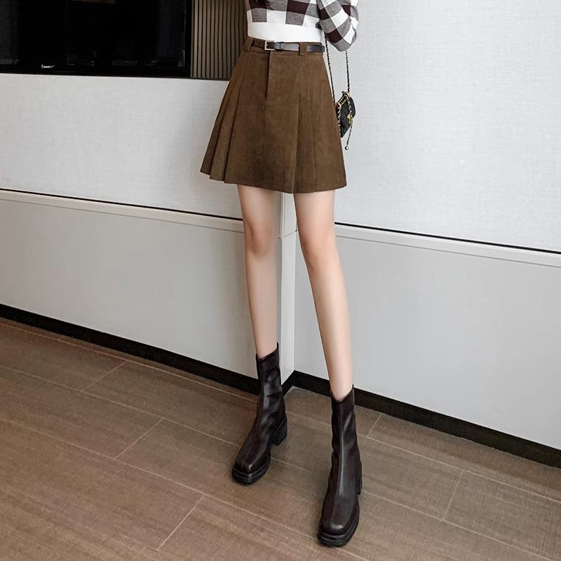 2024 Fall/Winter Korean Waistless Corduroy Pleated Mini Skirt - High Waist A-Line Design