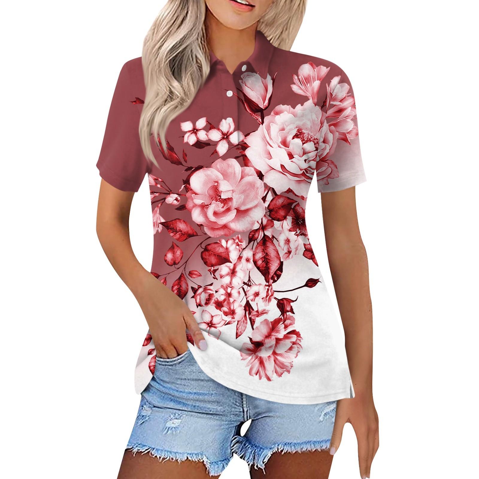 

Женская модная повседневная рубашка с отворотом и коротким рукавом с цветочным принтом, женские топы на пуговицах XXXL киноварь