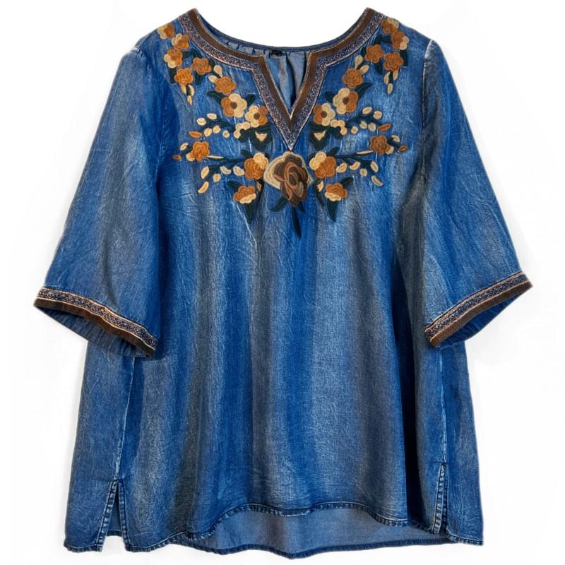 Johnature Woman Spring Embroidery Half Sleeve V-Neck Retro T-Shirt Personality Casual Vintage Style Loose T-Shirt