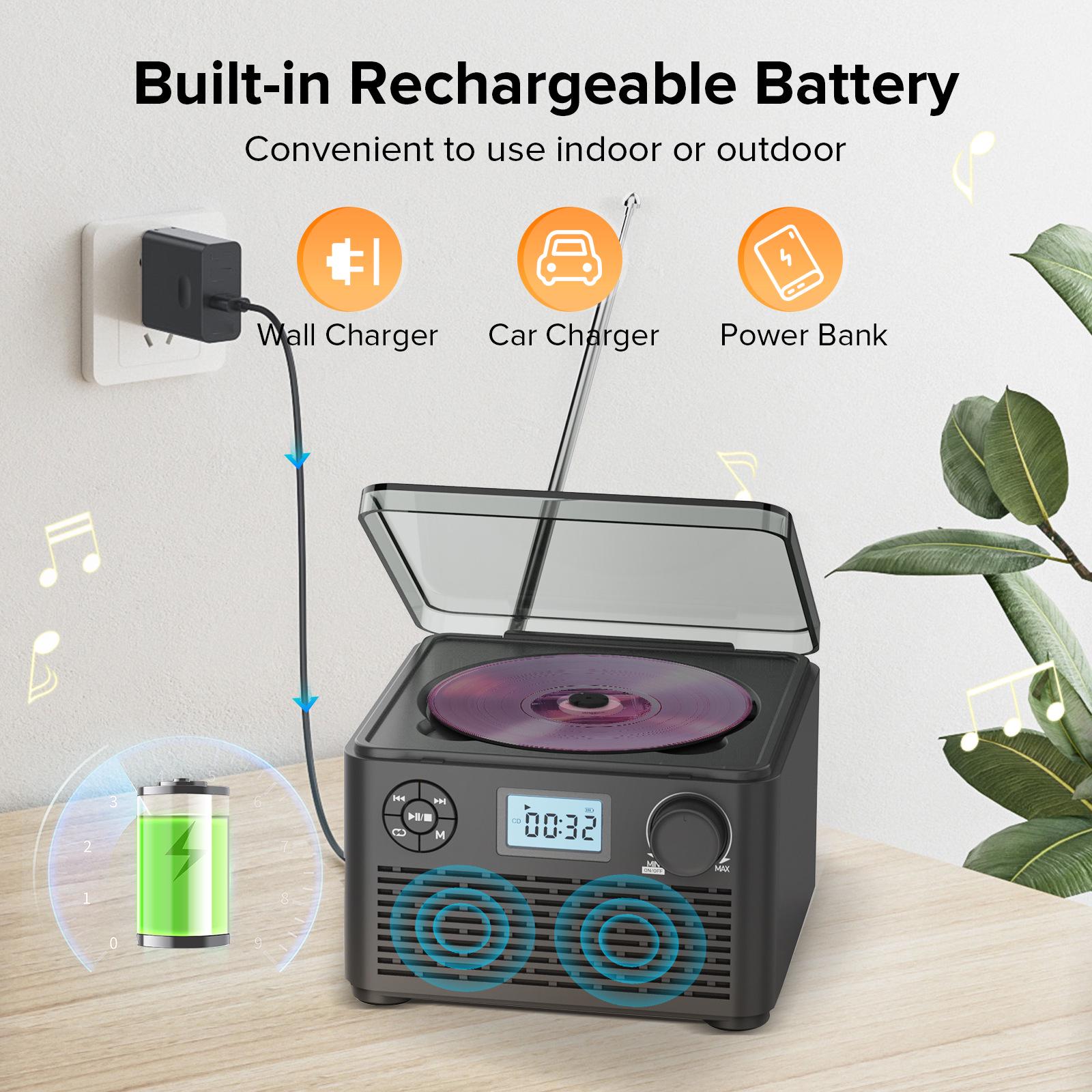 

Bluetooth & FM CD Player: Rechargeable Boombox Speaker
